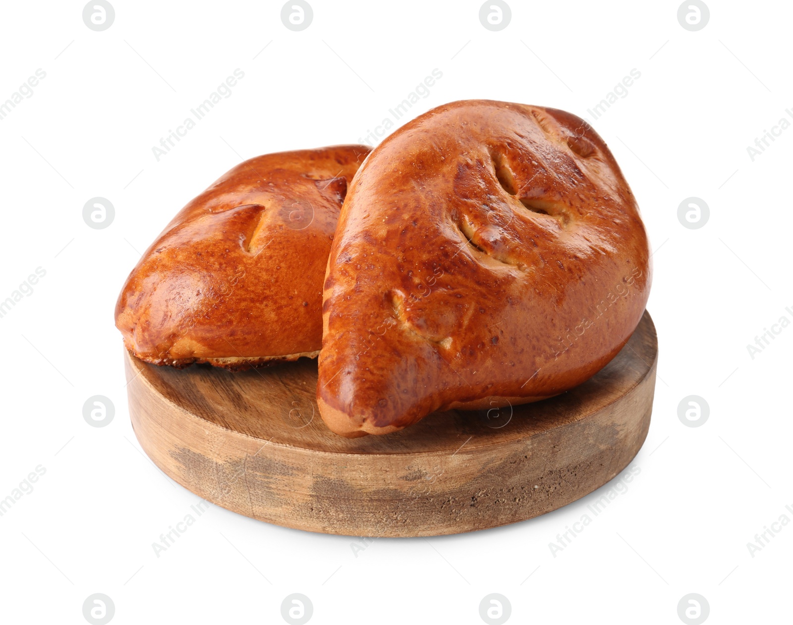 Photo of Wooden board with delicious baked patties on white background