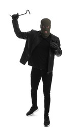 Photo of Man wearing knitted balaclava with crowbar on white background
