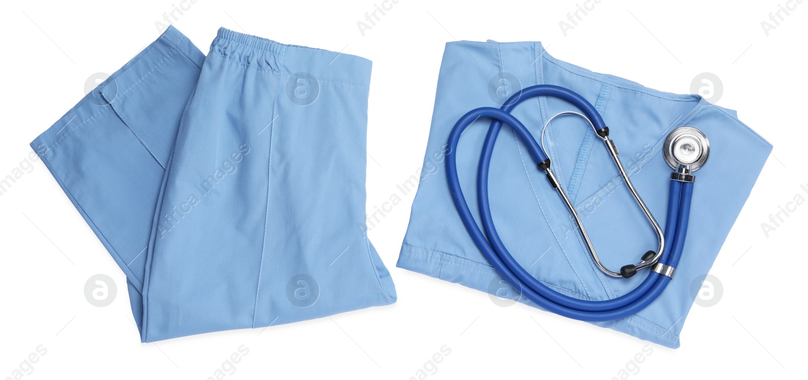 Photo of Medical uniform and stethoscope on white background, top view