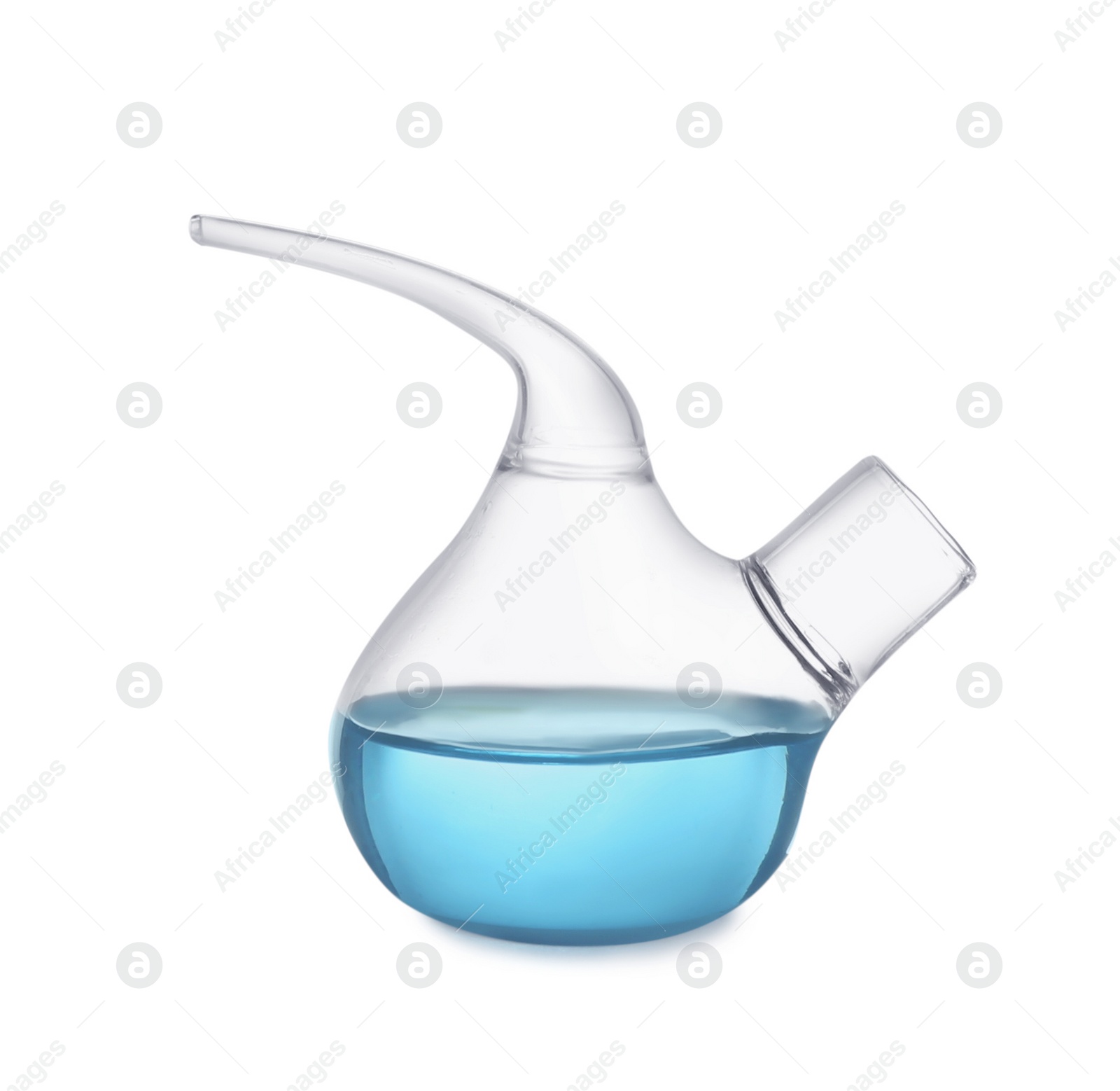 Photo of Retort flask with light blue liquid isolated on white