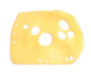 Photo of Slice of tasty maasdam cheese on white background, top view