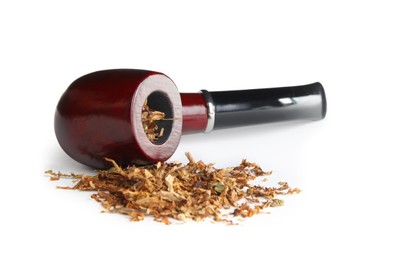 Photo of Classic smoking pipe with tobacco on white background