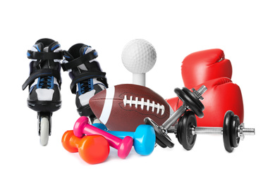 Image of Set of different sport equipment on white background