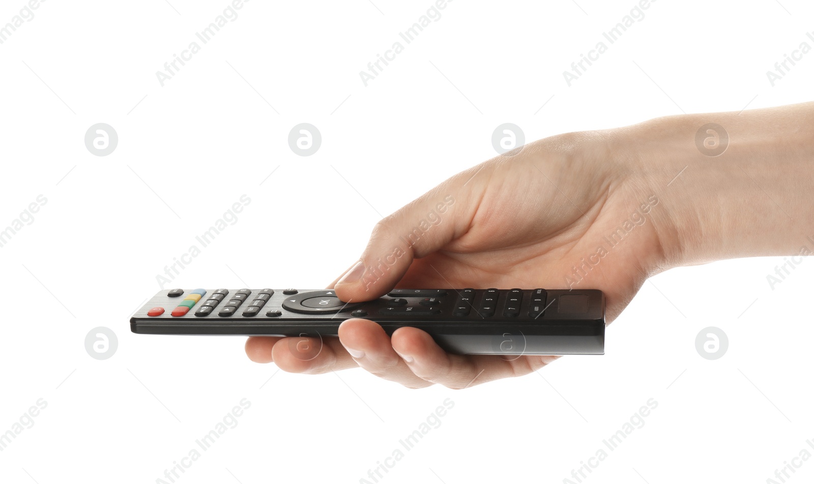 Photo of Woman holding remote control on white background, closeup