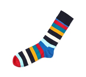 Photo of Colorful sock on white background, top view