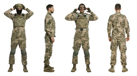 Image of Collage with photos of Ukrainian soldier wearing military uniform on white background