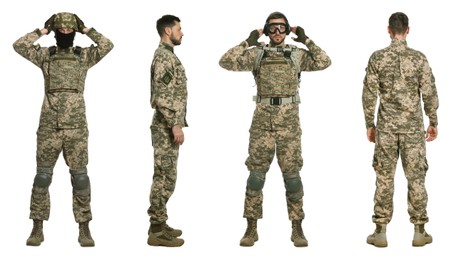 Collage with photos of Ukrainian soldier wearing military uniform on white background