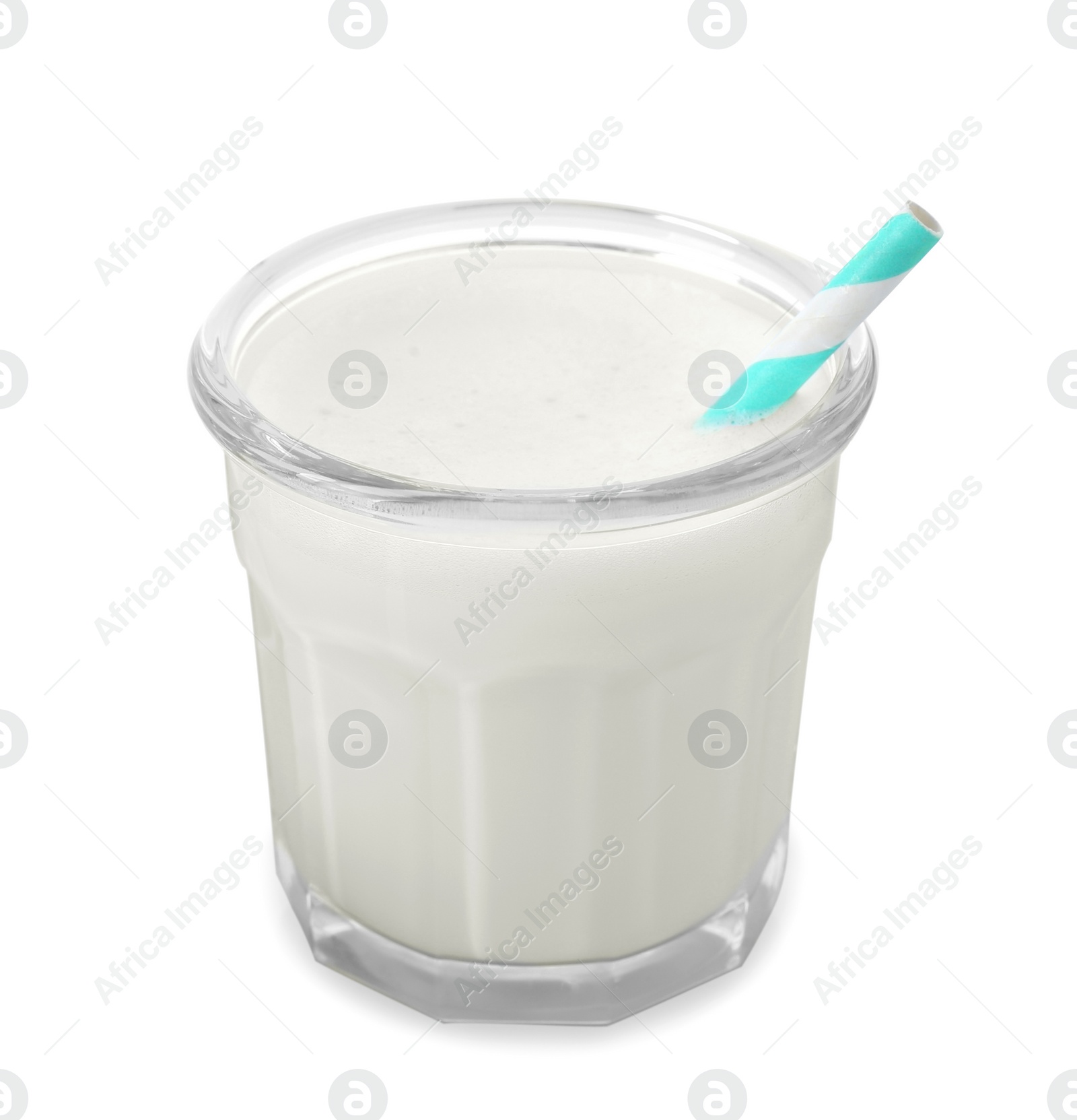 Photo of Glass of fresh milk with straw isolated on white