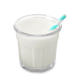 Glass of fresh milk with straw isolated on white