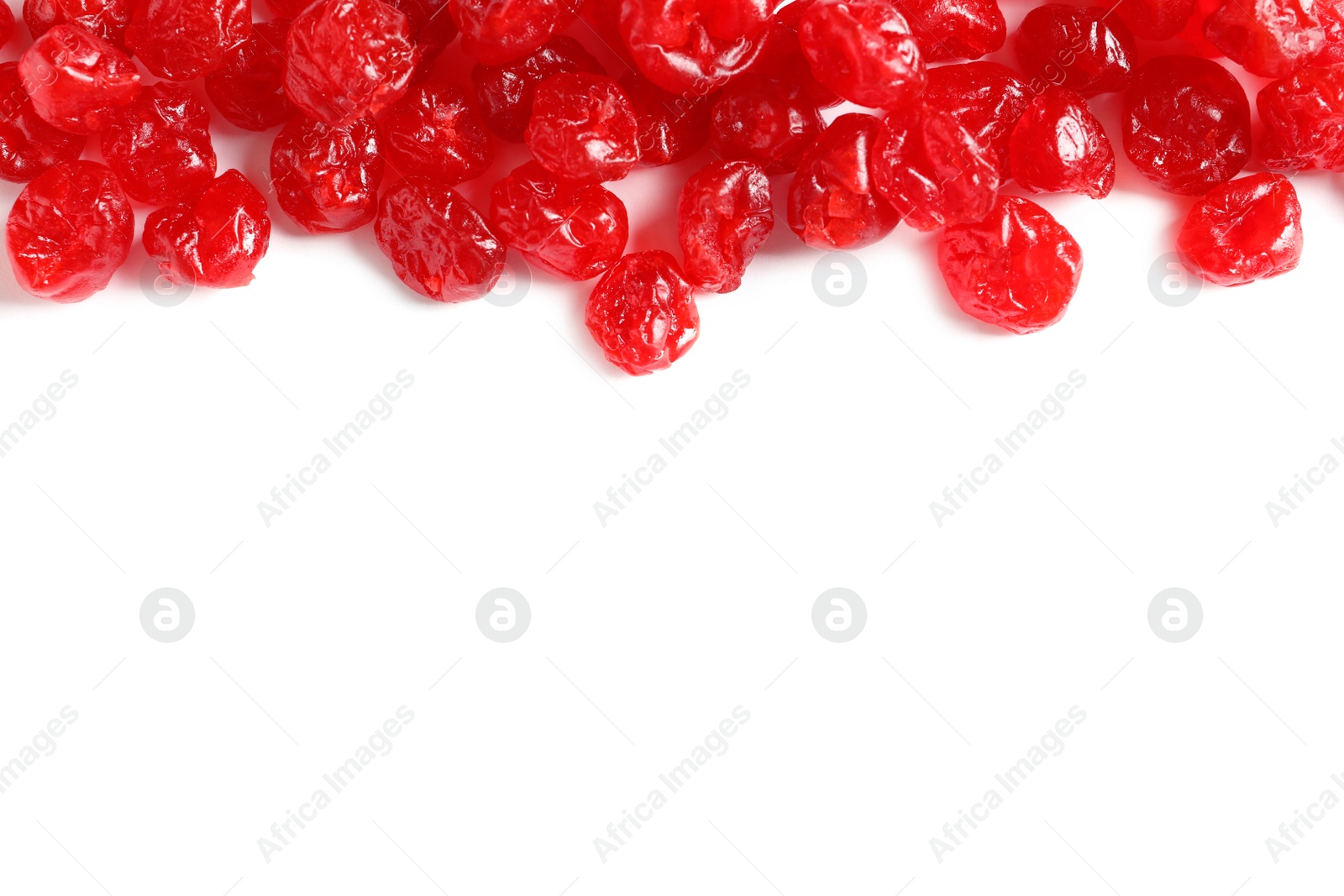 Photo of Tasty cherries on white background, top view. Dried fruits as healthy food