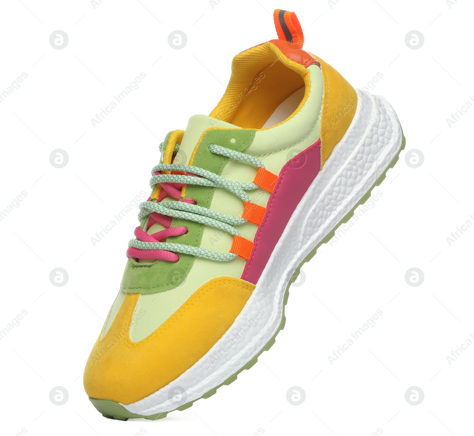 Photo of One stylish colorful sneaker isolated on white