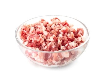 Photo of Glass bowl with minced meat on white background