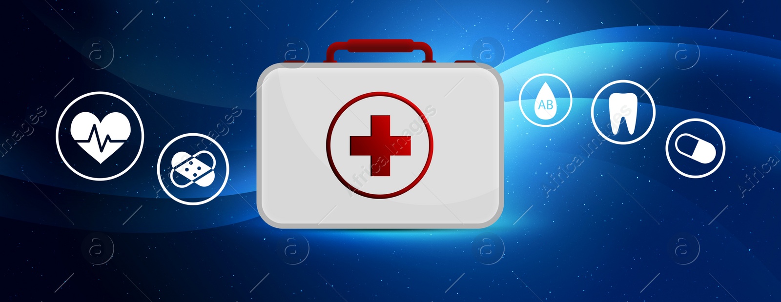 Image of First aid kit and different icons on blue background, illustration. Banner design