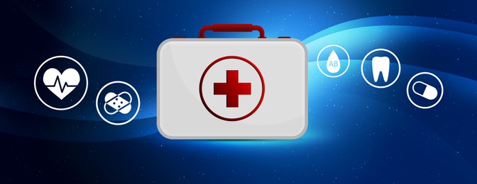 Image of First aid kit and different icons on blue background, illustration. Banner design
