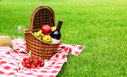 Picnic basket with fruits and bottle of wine on checkered blanket in garden. Space for text