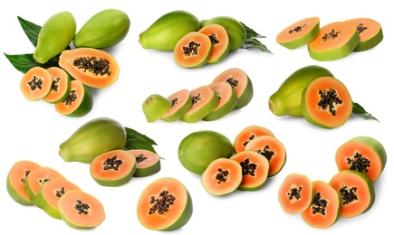 Set with fresh ripe papaya fruits on white background