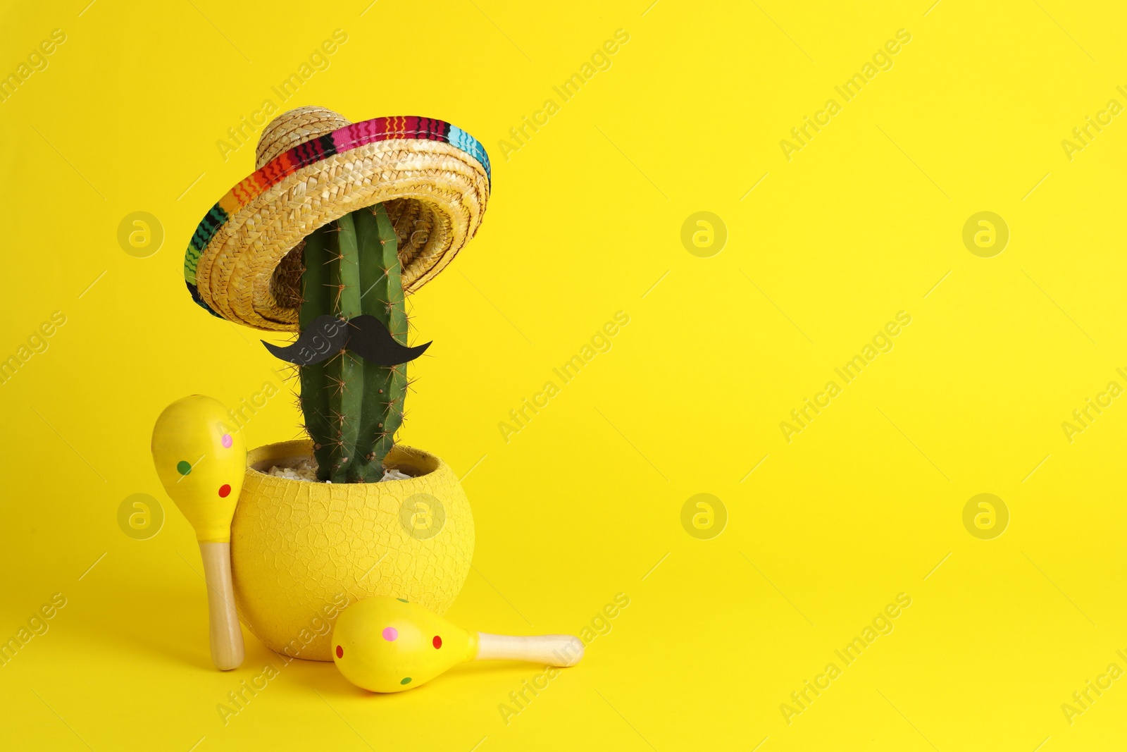 Photo of Cactus with Mexican sombrero hat, fake mustache and maracas on yellow background, space for text