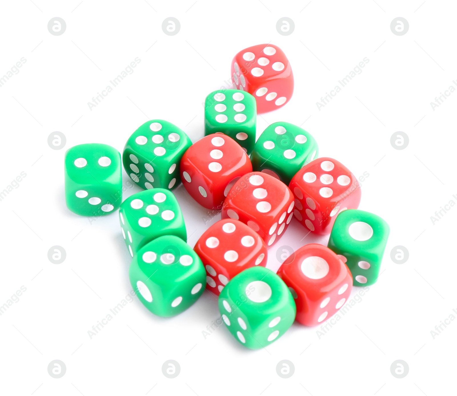 Photo of Many green and red game dices isolated on white