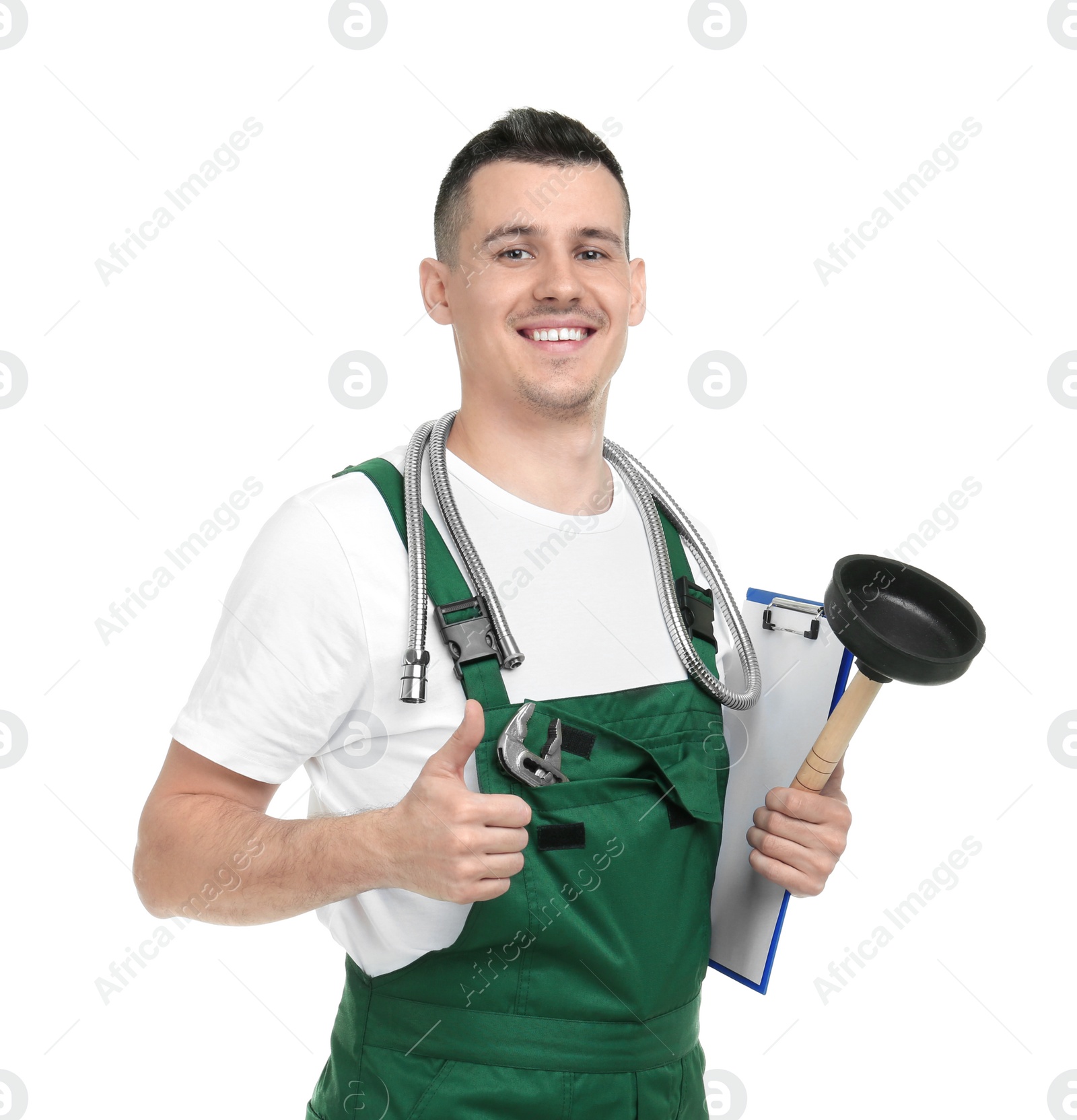 Photo of Young plumber with force cup and clipboard on white background