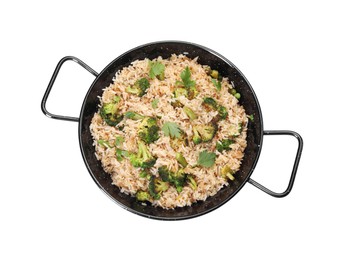 Photo of Tasty fried rice with vegetables in serving pan isolated on white, top view