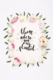 Frame of beautiful flowers and paper card with handwritten text Bloom where you are planted on white background, flat lay