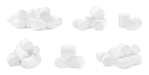 Set with delicious sweet puffy marshmallows on white background. Banner design