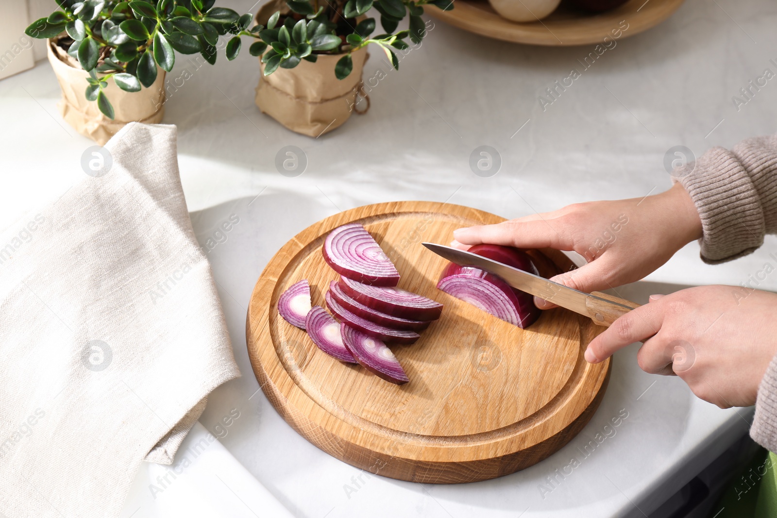 Photo of Woman cutting red onion into slices at countertop in kitchen, closeup