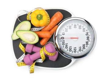 Photo of Scales, healthy food, dumbbells and measuring tape on white background, top view