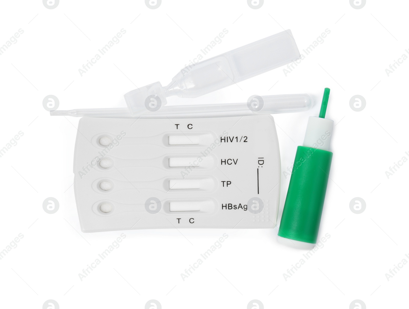 Photo of Disposable express test kit for hepatitis on white background, top view