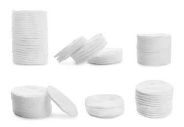 Image of Set with soft cotton pads on white background