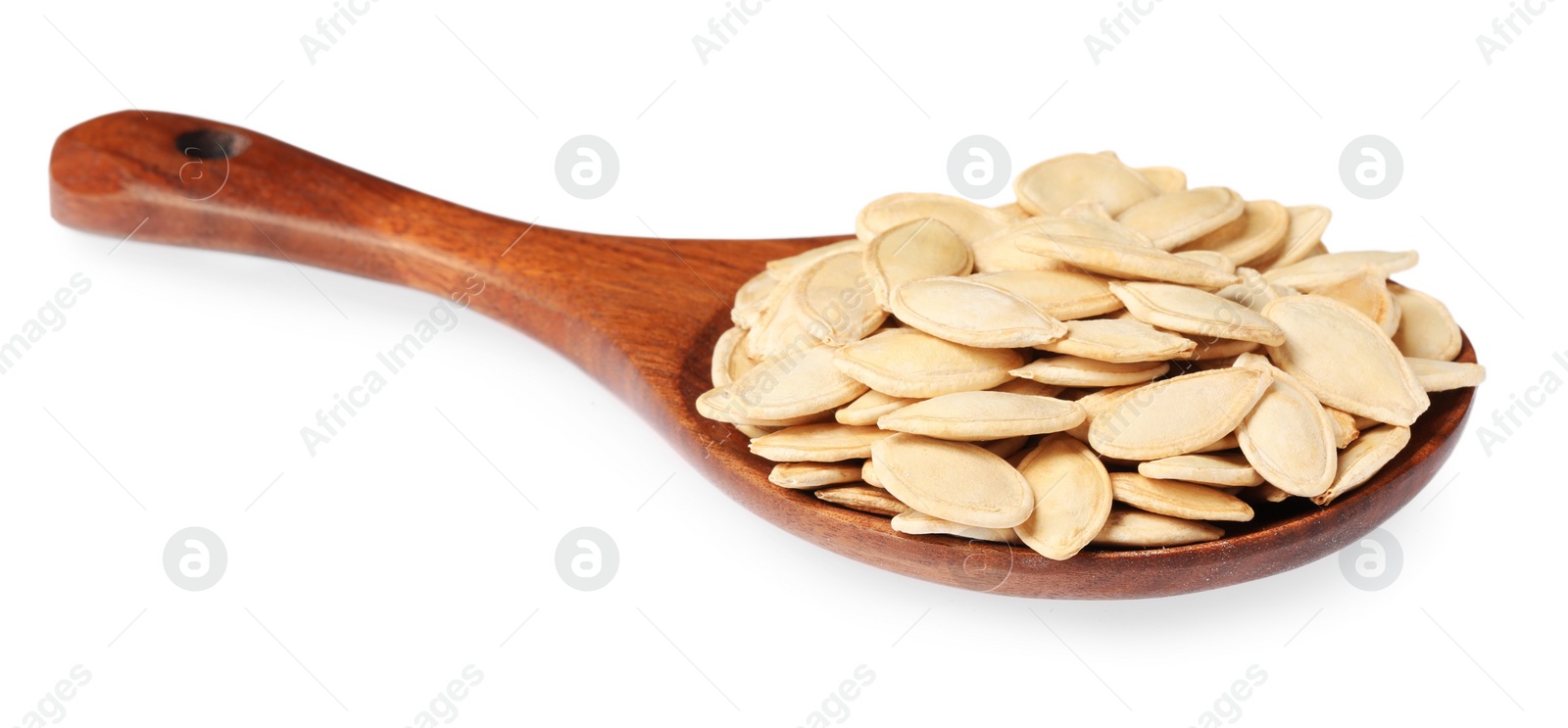 Photo of Wooden spoon with pumpkin seeds isolated on white