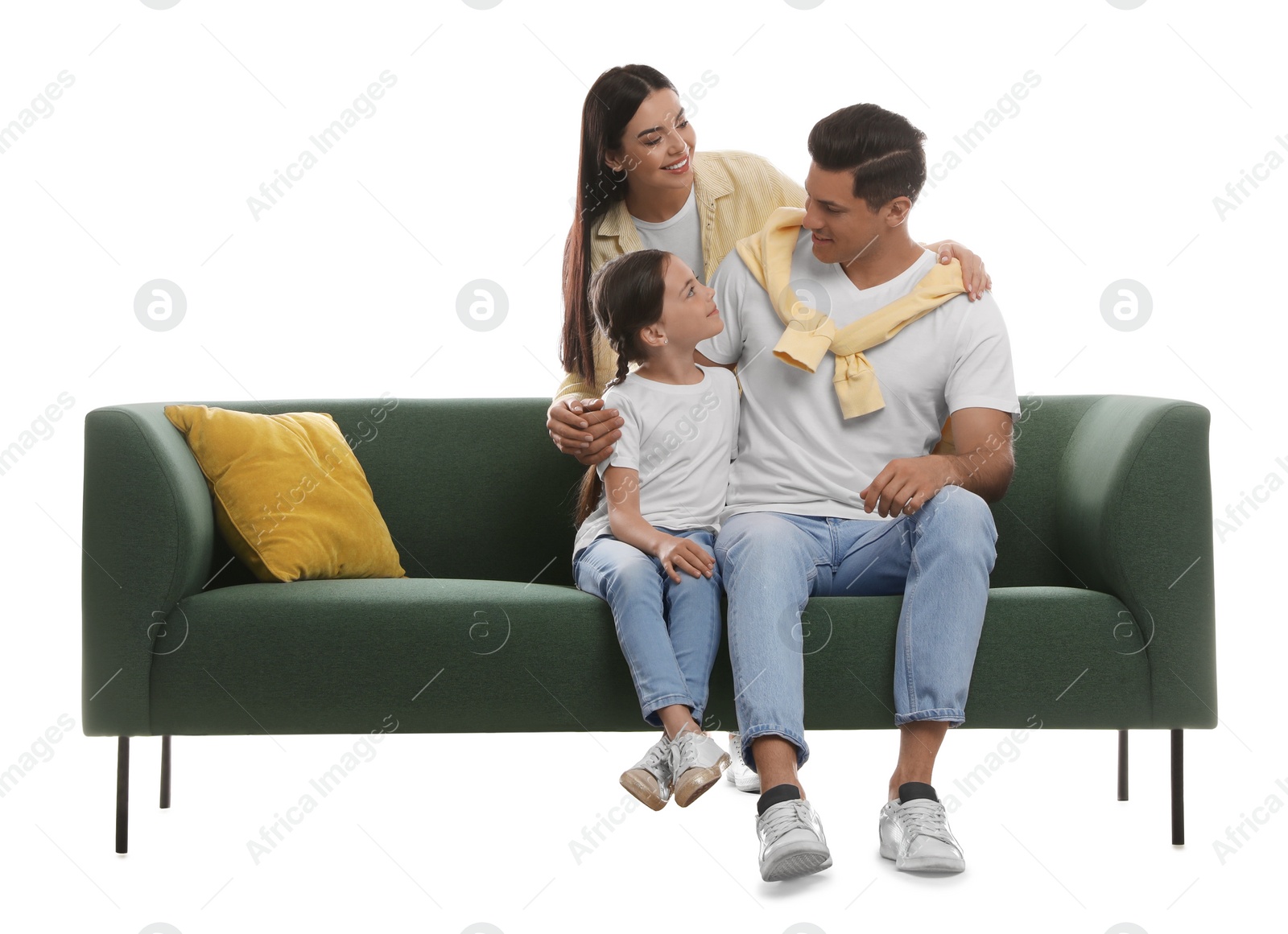 Photo of Happy family resting on comfortable green sofa against white background