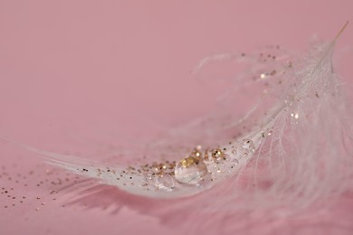 Closeup view of beautiful feather with dew drops and glitter on pink background, space for text