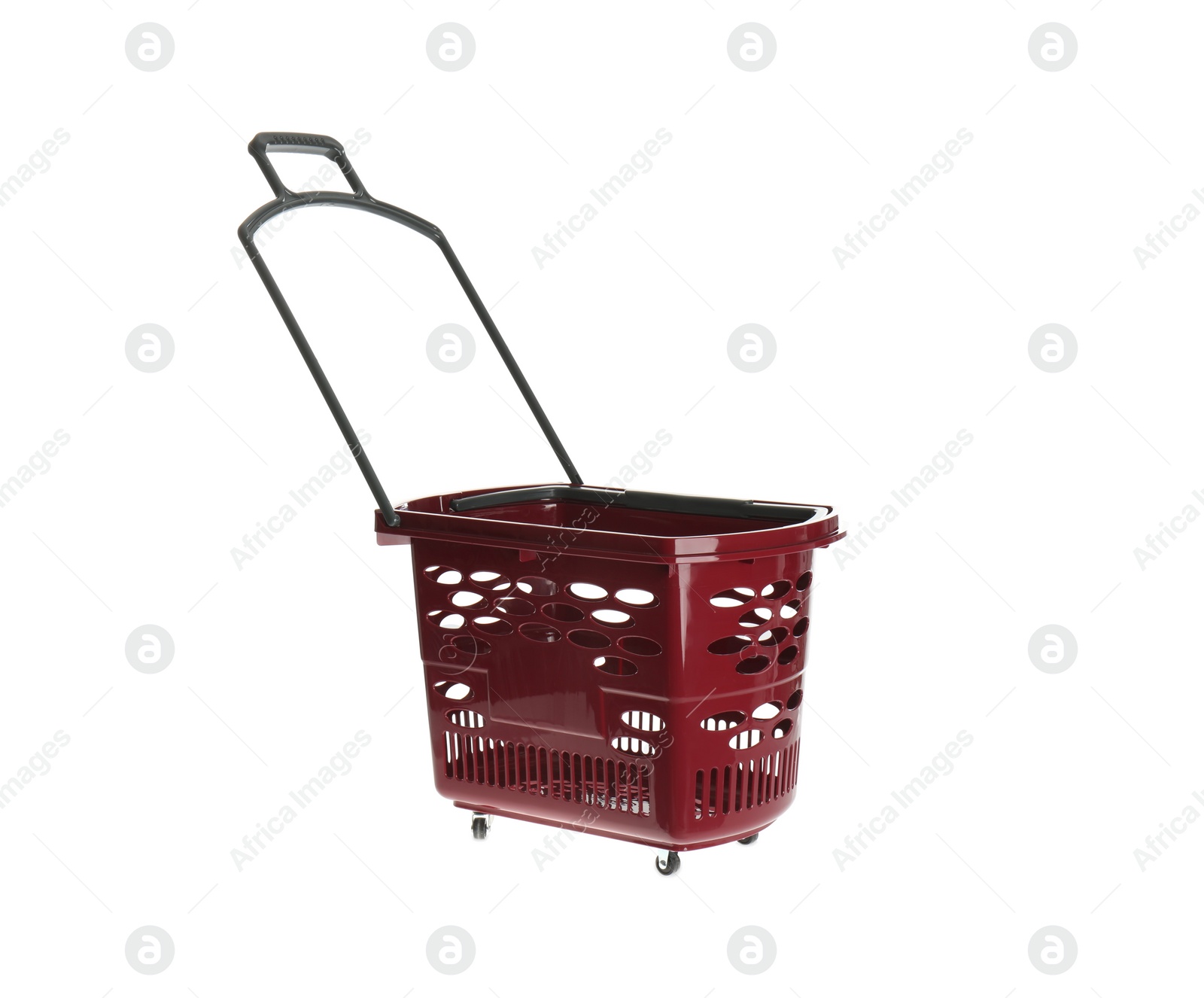 Photo of Red empty shopping basket isolated on white