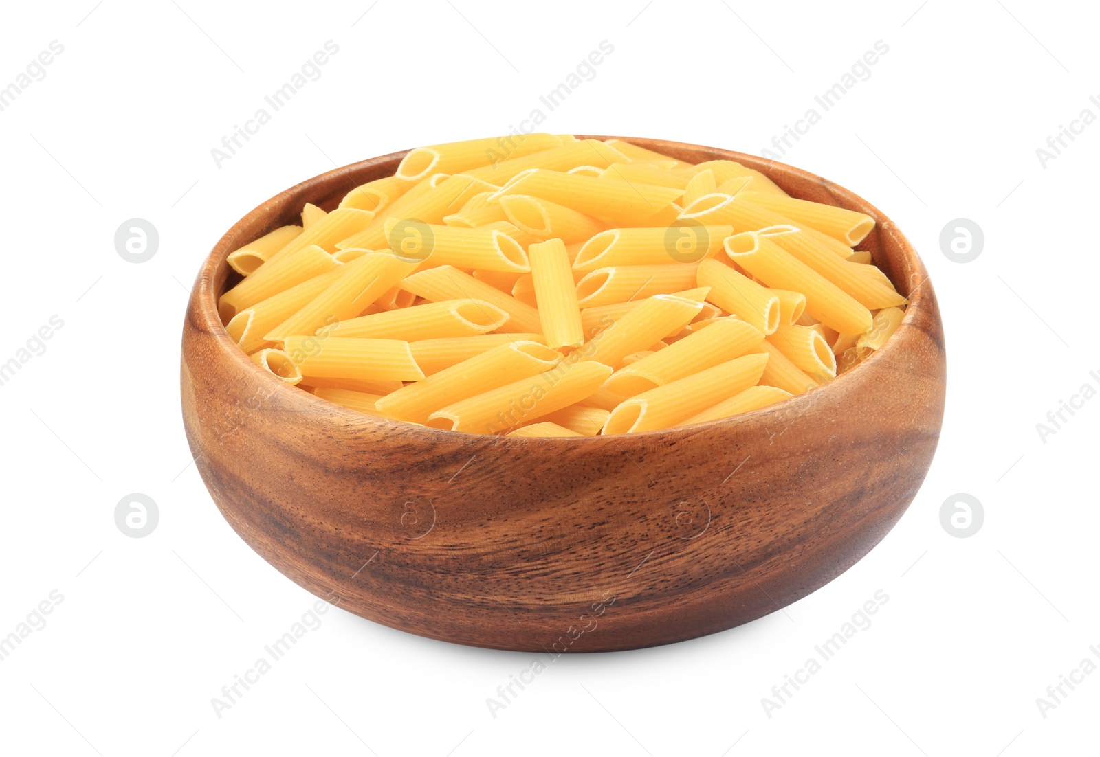 Photo of Raw penne pasta in bowl isolated on white