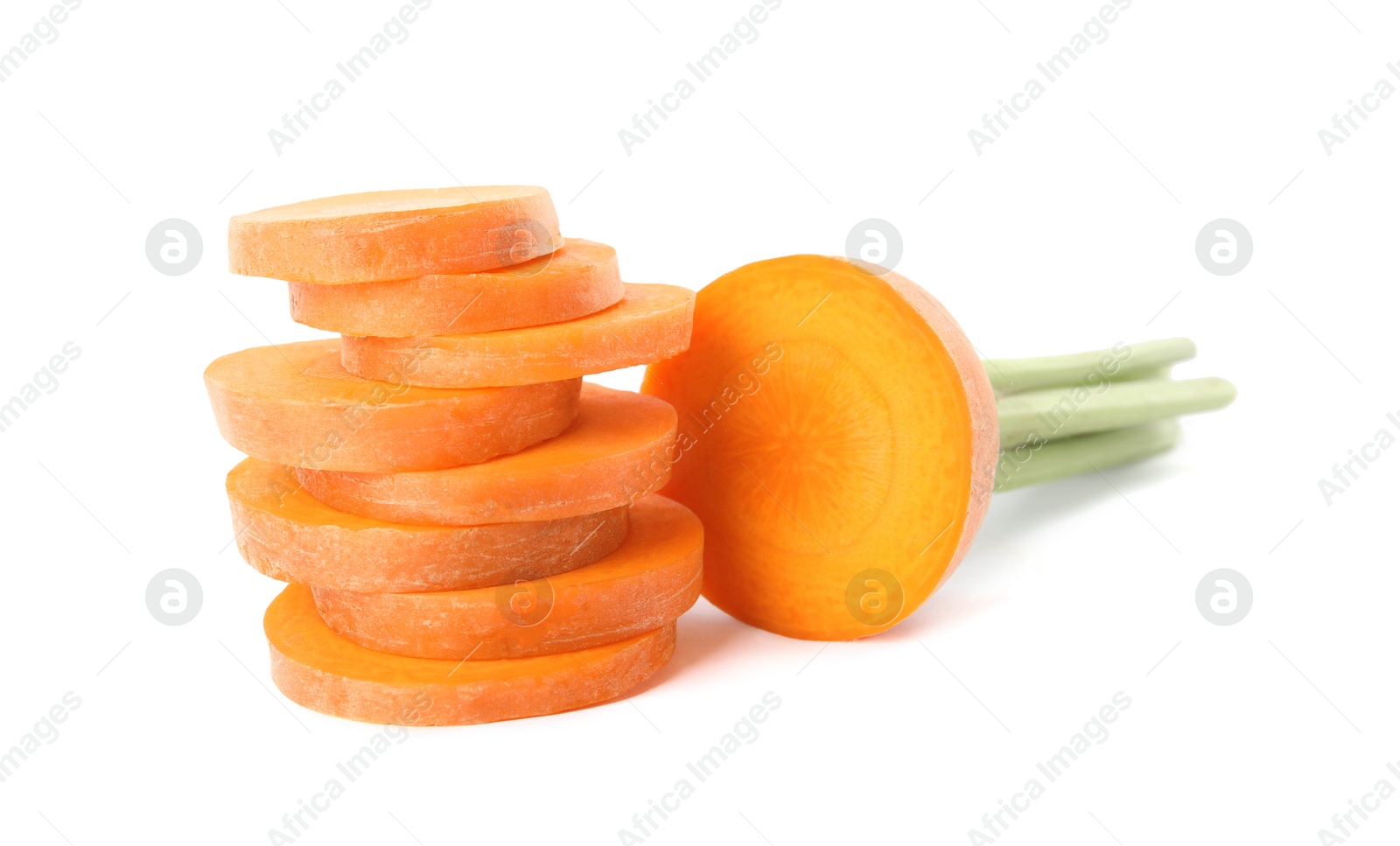 Photo of Slices of fresh ripe carrot isolated on white