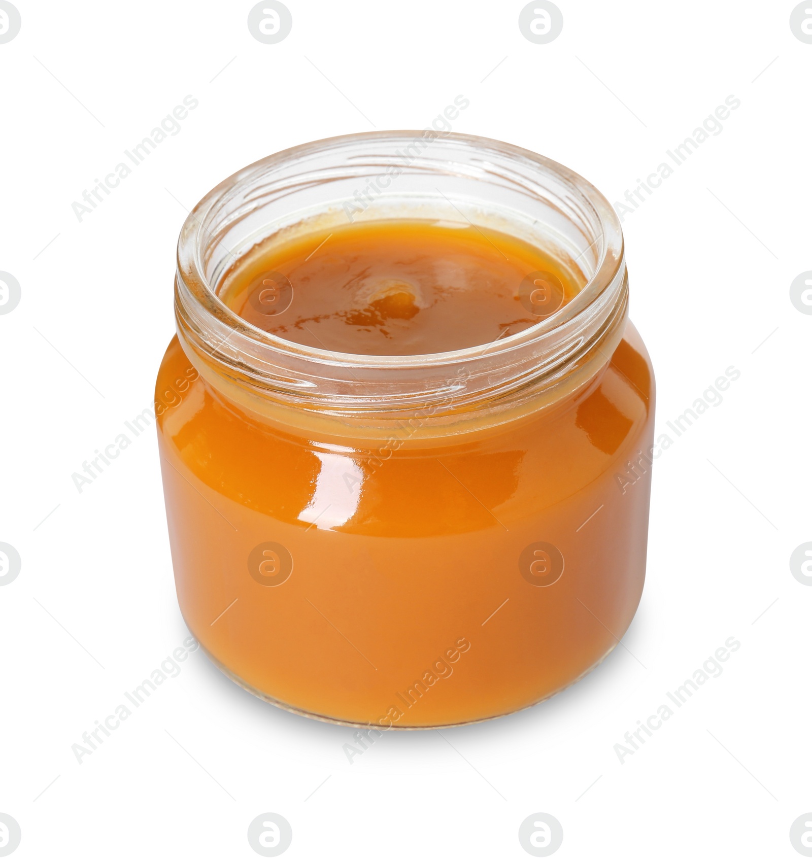 Photo of Baby food. Tasty healthy puree in jar isolated on white