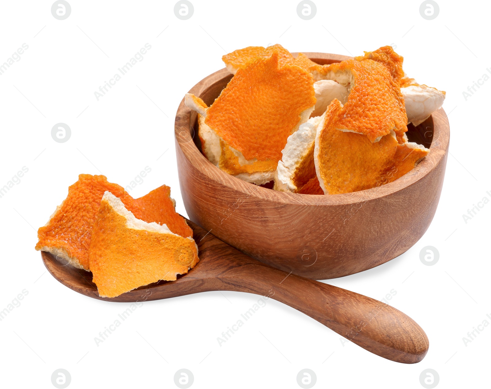 Photo of Dry orange peels in wooden bowl and spoon on white background