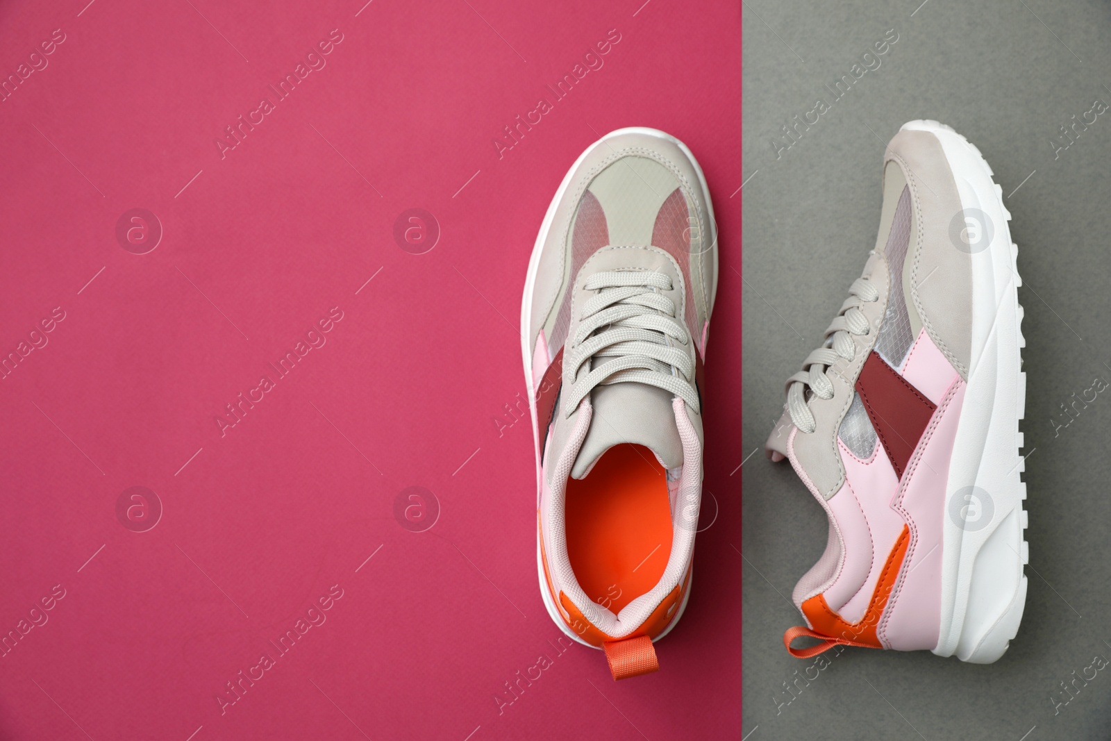 Photo of Stylish women's sneakers on color background, top view. Space for text