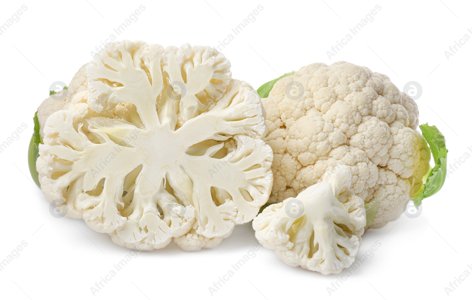 Photo of Cut fresh raw cauliflowers on white background