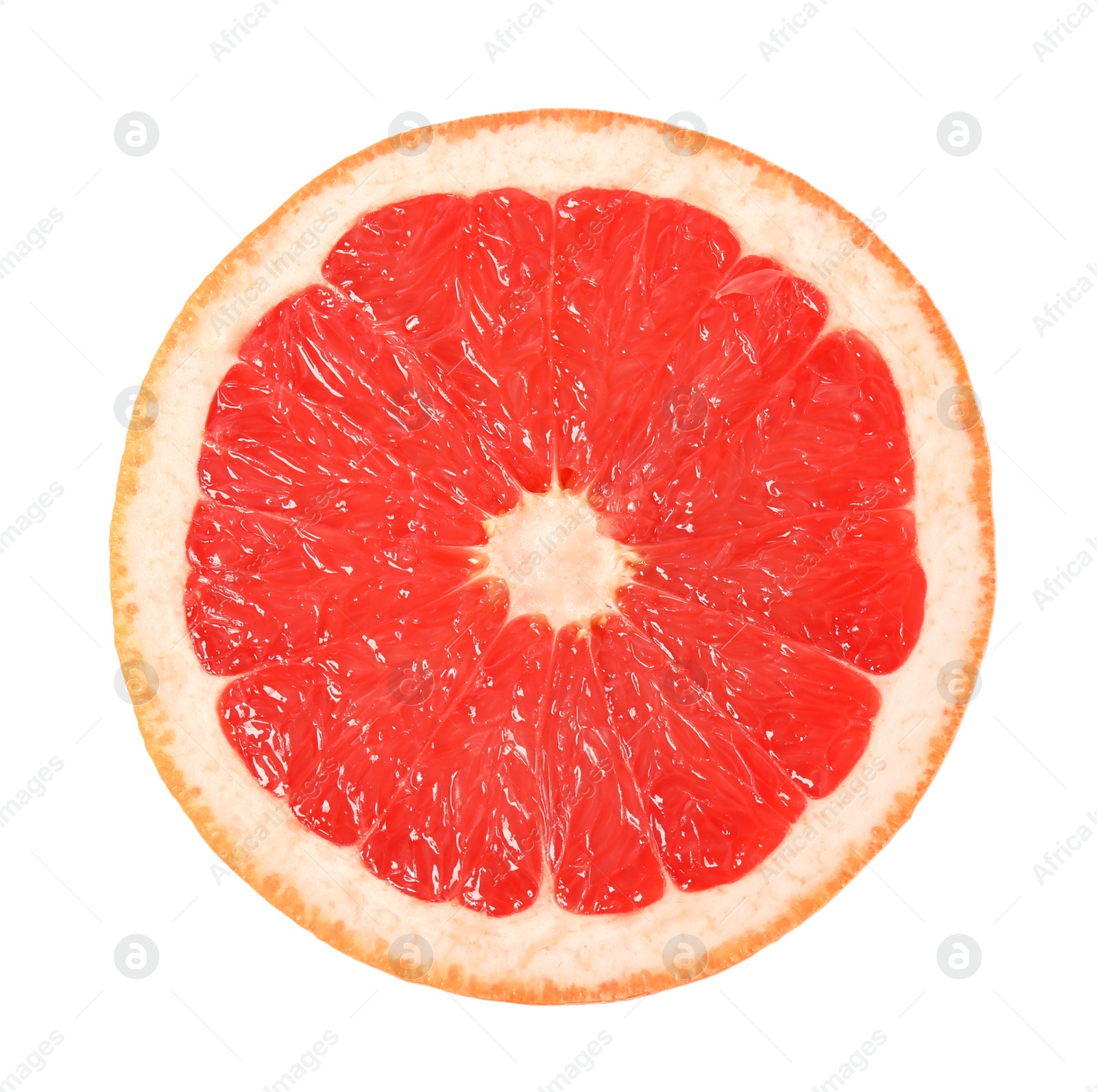 Photo of Half of ripe grapefruit on white background, top view