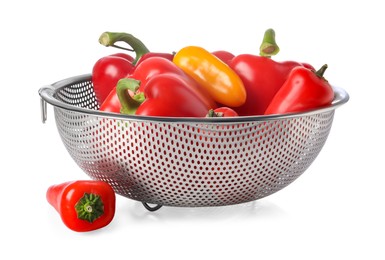 Photo of Colander with fresh bell peppers isolated on white