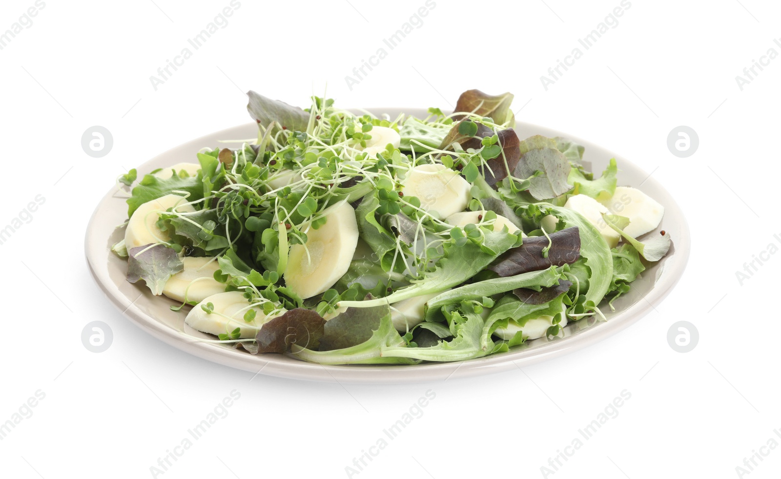 Photo of Fresh delicious carrot salad isolated on white