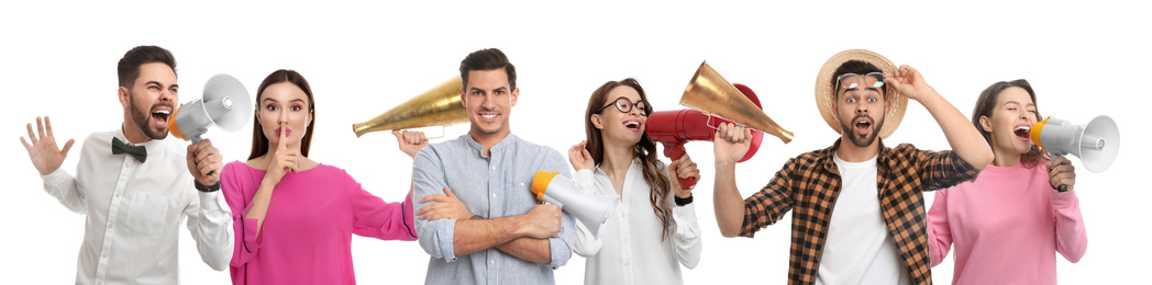 Collage of people with megaphones on white background. Banner design 