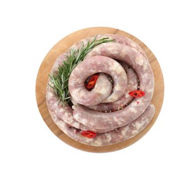 Photo of Board with homemade sausages, chili, rosemary and peppercorns isolated on white, top view