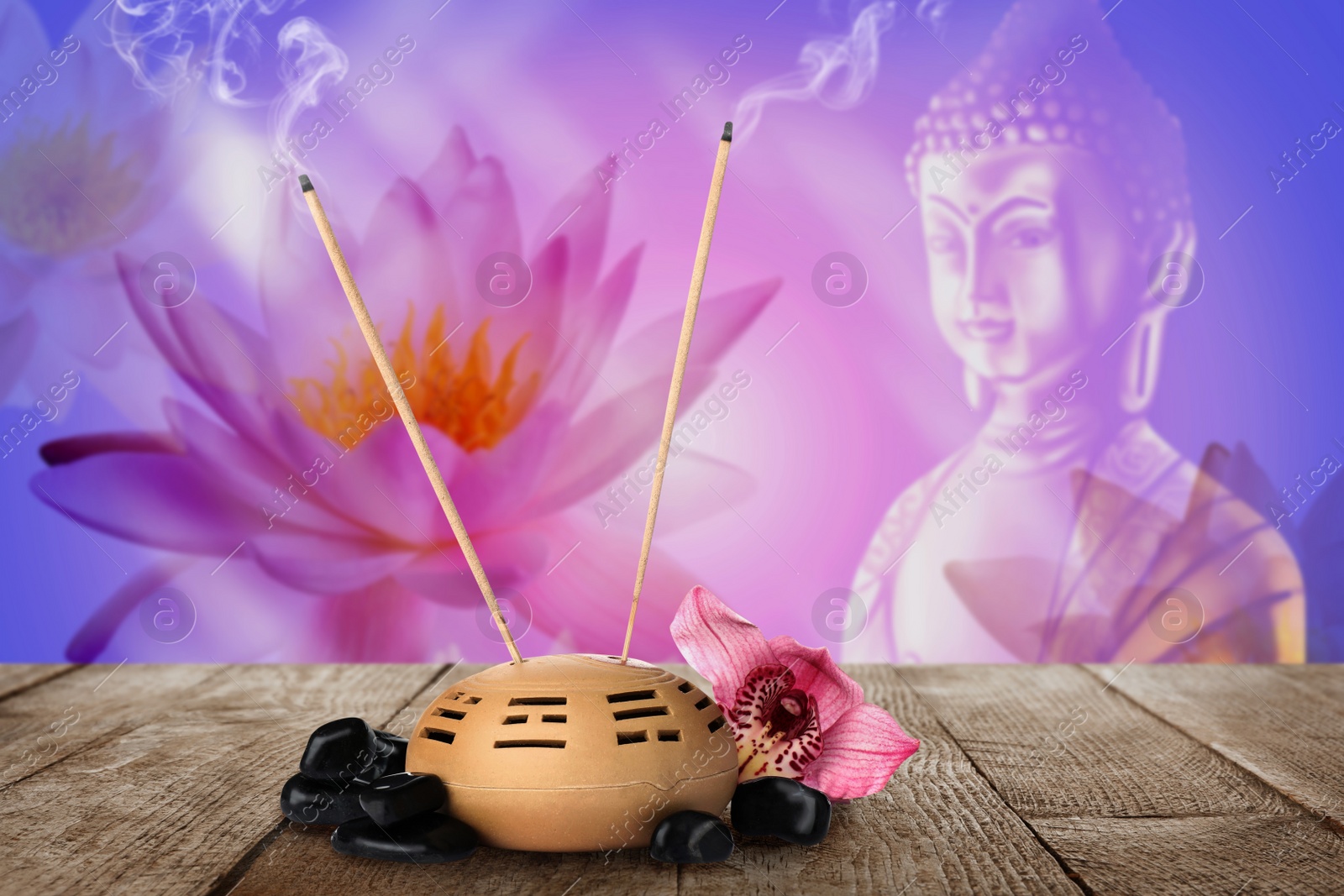 Image of Composition with smoldering incense sticks on wooden table and Buddha figure on background