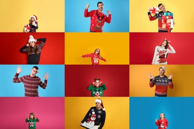 Image of Collage with photos of adults and children in different Christmas sweaters on color backgrounds