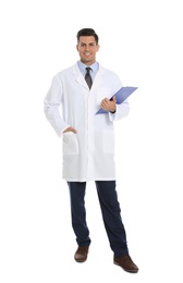 Photo of Full length portrait of medical doctor with clipboard isolated on white