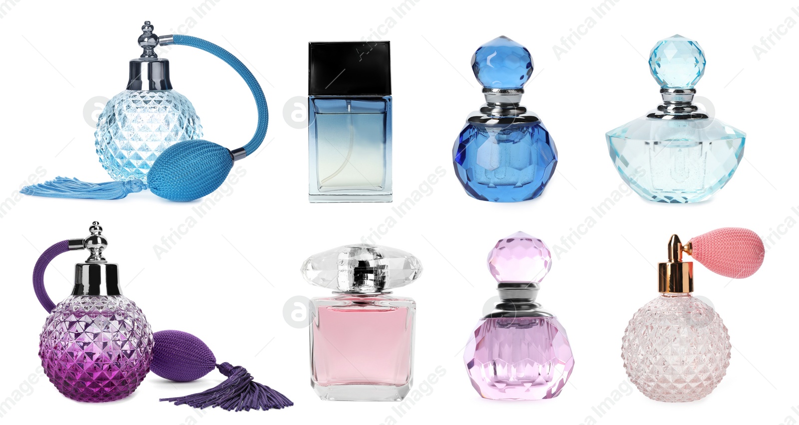 Image of Set with different bottles of perfume on white background