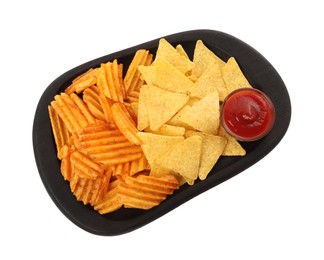 Photo of Tasty tortilla and ridged chips with ketchup on white background, top view